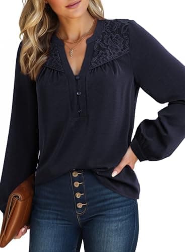 Dokotoo Womens Long Sleeve Tops Dressy Casual Blouses Spring Clothes Business Work Blouses Button Down Shirts V Neck Navy Blue Tops for Women XL - Image 1