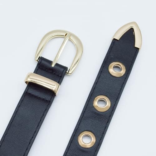 EONTISO Women Studded Leather Belt for Jeans, Punk Gold Grommets, Western Gold Buckle Black M - Thumbnail 6