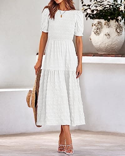 dowerme Womens Summer Dresses 2025 Casual Puff Short Sleeve Crewneck Smocked Flowy Ruffle Boho Beach Party Maxi Sundress(White,Medium) - Thumbnail 2