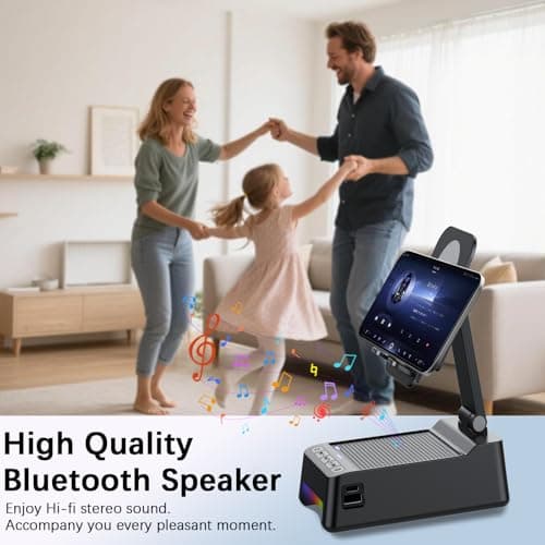 Wireless Induction Speaker, 5 in 1 Bluetooth Speaker with Phone Stand and Power Bank(3000mAh), Birthday Gifts for Men Women Teens, LED Lights 360° Rotation Phone Holder Compatible with Phones iPad - Thumbnail 4