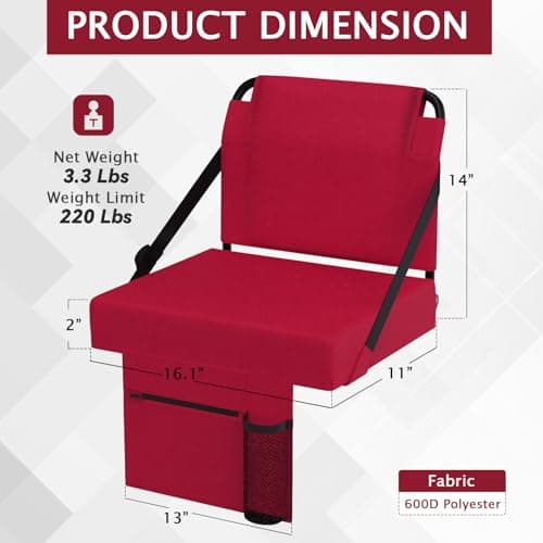 ACIPENSER 2pcs Stadium Seat for Bleachers with Back Support，Portable Bleacher Chairs with Back and Cushion，Includes Shoulder Strap and Cup Holder,Maroon - Thumbnail 3