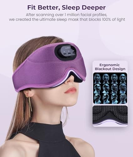 MUSICOZY 3D Bluetooth Sleep Mask with Headphones and Timer, Wireless Sleep Headphones for Side Sleepers, Eye Mask with Bluetooth Headphone, Unique Gifts for Men Women, Purple - Thumbnail 3