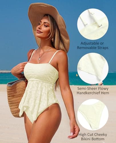 ZAFUL Womens Tankini Swimsuits Lace Jacquard Flowy Swimwear Square Neck Spaghetti Sting Bikini Mid Waisted Briefs (Cream S) - Thumbnail 4