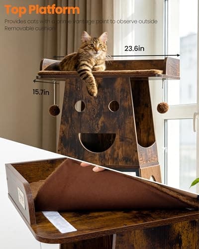 Feliskyn Modern Wood Cat Tree for Indoor Cats, 56 Inch Tall Cat Tower with Hammock, Multi-Level Trees with Perch Bed, 2 Hammock, Cat Condo, Scratching Board, Removable Pad, Cat Furniture, Rustic Brown - Thumbnail 3