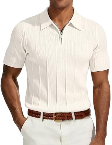PJ PAUL JONES Mens Knit Polo Shirt Casual Short Sleeve Shirts Breathable Textured Summer Tops for Business Ivory S - Image 1