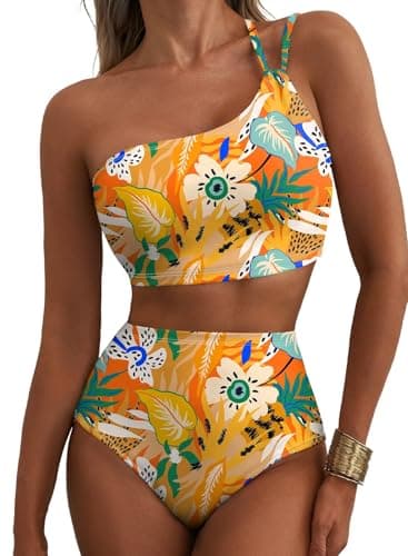 Herseas Women Bikini Sets One Shoulder 2 Piece Swim Suits High Waisted Tummy Control Push Up Adjustable Straps Bathing Suit Sexy Charming Beach Outfits Summer Yellow Floral Print Medium