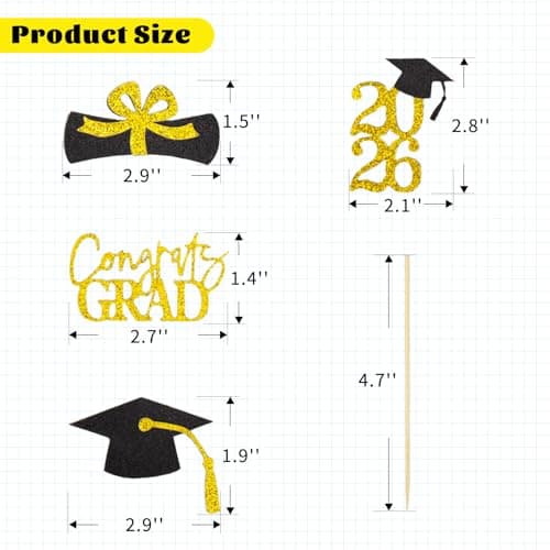 Oeyliz Graduation Cupcake Toppers 2026 Graduation Theme Cupcake Toppers Glitter 2026 Grad Cap Congrats Grad Diploma Cupcakes Toppers 24 PCS For 2026 Graduation Cake Decorations Supplies Gold - Thumbnail 4