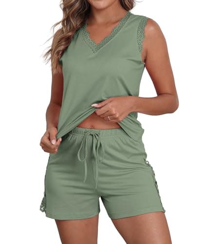 COSSEN Pajama Sets For Women 2 Piece Sage Green Medium Sleeveless Soft Loose Fit Cute Teen Comfy Lounge Casual V Neck Girls' Summer Sleepwear Tops and Shorts PJS with Pockets - Image 1