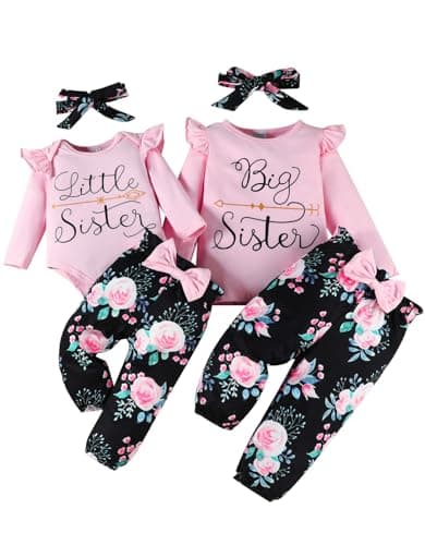 FAMIHAO Big Sister Little Sister Matching Outfits Long Sleeve Ruffle Romper Floral Pants Headband Baby Girl Clothes 3Pcs,6-12M Pink&Black - Image 1