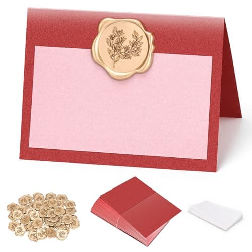 LITTOBEBE 50 Pack Place Cards - Antique Gold Wax Seal Sticker & Vellum Inserts, Pre-Scored Name Tent Cards for Table Setting, 4x3“ Folded Table Cards for Party Wedding Dinner Events (Pearlescent Red) - Image 1