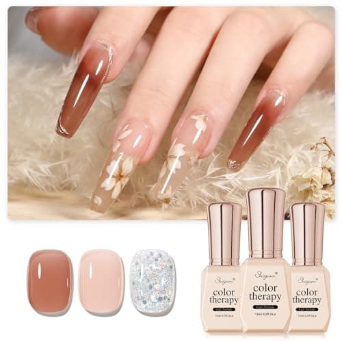 SHOYUM Fall Gel Nail Polish Kit, 3 Colors 15ml Nude Maple Leaf Color Silver Glitter, Sheer Soak Off UV Gel Polish Set - Image 1