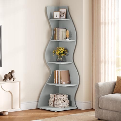 Tribesigns Wavy Corner Shelf, Modern 5-Tier Bookshelf Bookcase with Curvy Shape, Unique Plant Stand Display Rack for Living Room Small Space (Blue) - Thumbnail 6