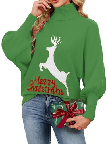 SunnyMelody Womens Cute Christmas Turtleneck Batwing Long Sleeve Oversized Sweaters for Women Fall Winter 2025 Holiday Party Funny Merry Letter Reindeer Xmas Knit Sweater Pullover Tops Green M - Image 1