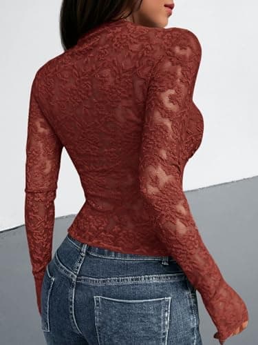 BTFBM Mesh Long Sleeve Tops for Women Lace Sexy Sheer Tight See Through Crew Neck Spring Fall 2026 Party Club Outfits(Red Brown, X-Large) - Thumbnail 3