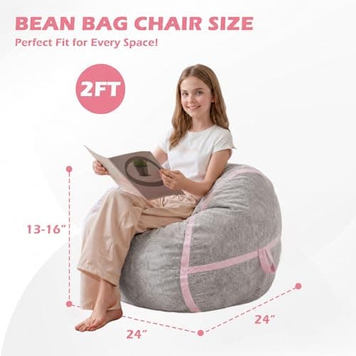 HABUTWAY 2FT Bean Bag Chair, Small BeanBag Chairs with Memory Foam Filled, Ultra-Soft Velvet Bean Bag Chair with Portable Handle, Comfy Bean Bag Sofa for Living Room, No Assembly - Light Grey & Pink - Thumbnail 2