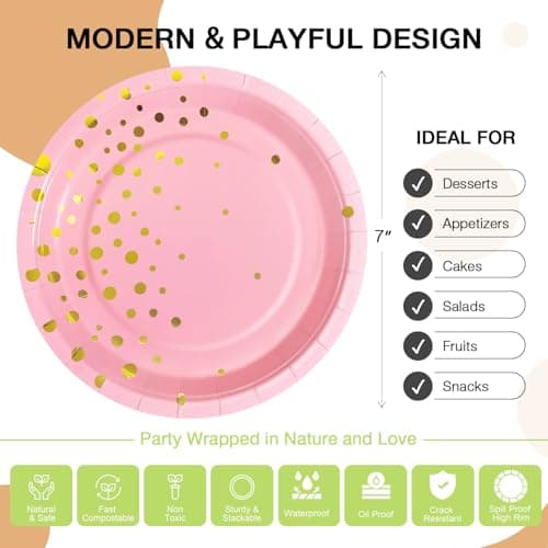 Pink Gold Paper Plates for Party, 7" Thickened Gold Dot Disposable Plates (50pcs), Birthday Cake Dessert Plates for Indoor/Outdoor Party Supplies&Decoration, Ideal for Birthday, Wedding, Baby Shower - Thumbnail 4