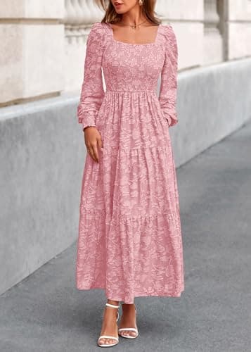 KIRUNDO Wedding Guest Dresses for Women 2026 Fall Long Sleeve Smocked Floral Flowy Spring Baby Shower Maxi Dress Pockets (Pink, XX-Large) - Thumbnail 5