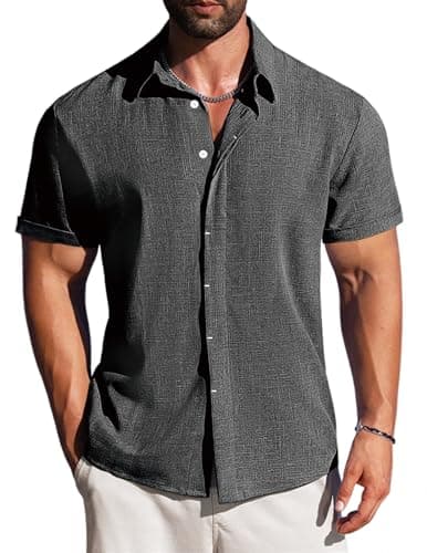 LETSEE Mens Hawaiian Shirt Beach Summer Short Sleeve Button Down Linen Casual Shirts Wedding Vacation Outfit, Dark Grey, 4X-Large - Image 1