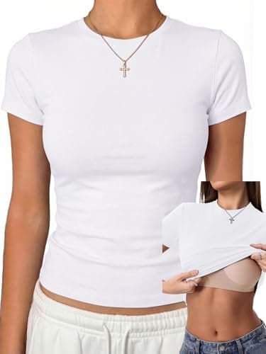 Danysu Workout Tops for Women with Built in Bra Short Sleeve Cotton Basic Jersey Tee Compression Shirts 2026 White X-Large - Image 1