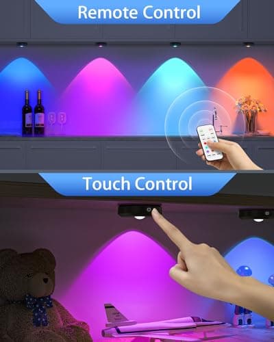 WILLED Rechargeable RGB Puck Lights with Remote Control, 1200mAh Battery Operated Tap Lights, Dimmable Touch Under Cabinet Lighting, Wireless Push Light, LED USB Shelf Light (6 Pack) - Thumbnail 4