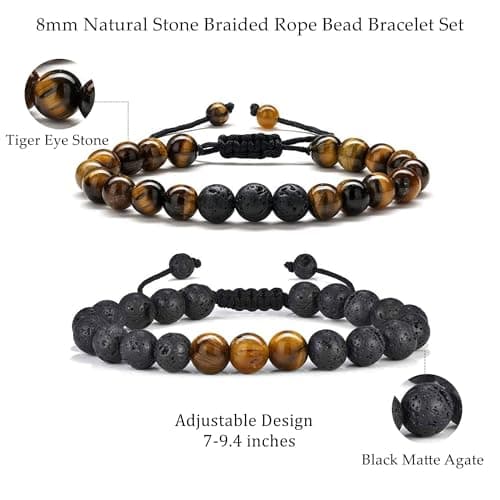 M MOOHAM Bracelets for Men - Beaded Natural Tiger Eye Bracelets for Men Black Lava Rock Stone Chakra Mens Anxiety Bracelet Adjustable Aromatherapy Oil Diffuser Jewelry Gifts - Thumbnail 3