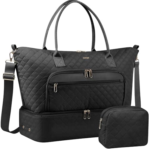 HOTOR Travel Duffle Bag for Women - Carry on Bag with Toiletry Pouch & Shoe Compartment, Large Overnight Weekender Bags for Gym, Business Trips, Sports and Hospital, Black, 17.3" x 7.9" x 13.4" - Image 1