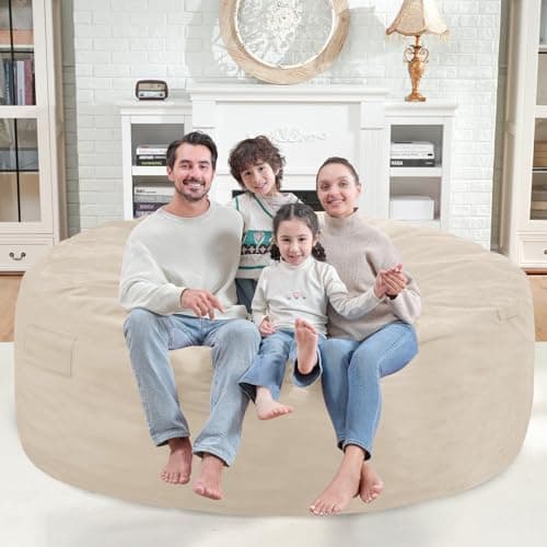 SIMFLAG 6FT Bean Bag Chair, Large Bean Bag Chairs with Memory Foam Filled, Fluffy Beanbag Sofa with Dutch Velvet Cover, Round BeanBag Chairs for Living Room, Playroom - Dark Beige - Thumbnail 2