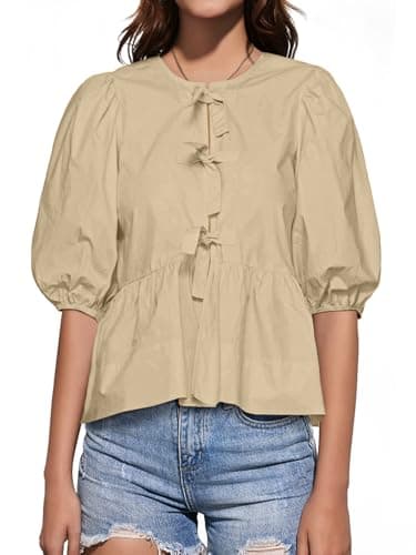 Tankaneo Womens Tie Front Tops Summer Peplum Babydoll Puff Short Sleeve Blouse Cute Cotton Shirts Khaki - Image 1