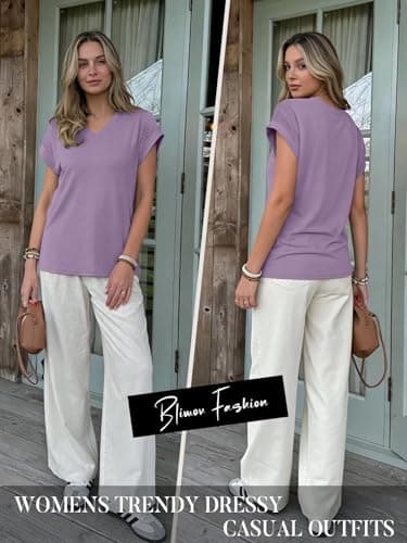 Bliwov Womens Summer Tops V Neck Lace Short Sleeve T Shirts Dressy Casual Business Outfits 2026 Spring Fashion Tee Clothes Light Purple - Thumbnail 3
