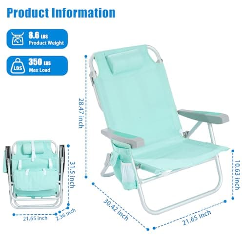 SUNNYFEEL Low Beach Chair, 5-Position Lay Flat Reclining, Backpack Portable Folding Chair with Cooler Bag & Cup Holder, Heavy Duty 350 LBS, Compact for Beach, Camping, Travel - Thumbnail 3