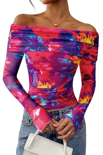 PRETTYGARDEN Womens Tops 2026 Spring Off The Shoulder Long Sleeve Fitted Y2k Shirts Floral Ruched Mesh Going Out Outfits(Navy Red Flower,Medium) - Image 1