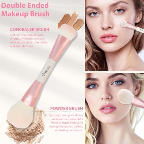 START MAKERS Makeup Brushes 5Pcs Dual Ended Pink Makeup Brush Set for Foundation Blush Bronzer Concealer Contour Powder Highlight Eyebrow Eyeshadow Blending, Travel Makeup Brushes with Bag - Thumbnail 2