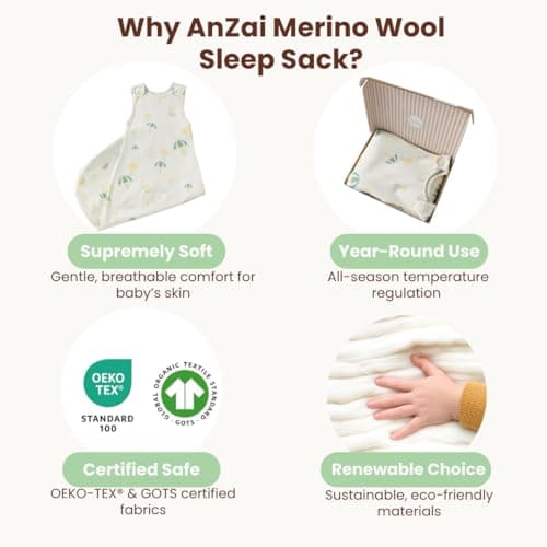 AnZai Merino Wool & Organic Cotton Sleep Sack for 2-24 Months - 2 Way Zipper Adjustable Sleeping Bag, Year Round Wearable Blanket for Babies Oatmeal - Thumbnail 3