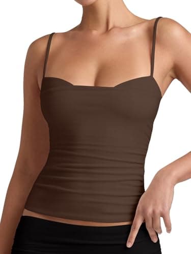 PINKMSTYLE Women Backless Spaghetti Strap Cami Tank Tops Double Lined Sleeveless Ruched Camisole Summer Tops Chocolate Brown X-Small - Image 1