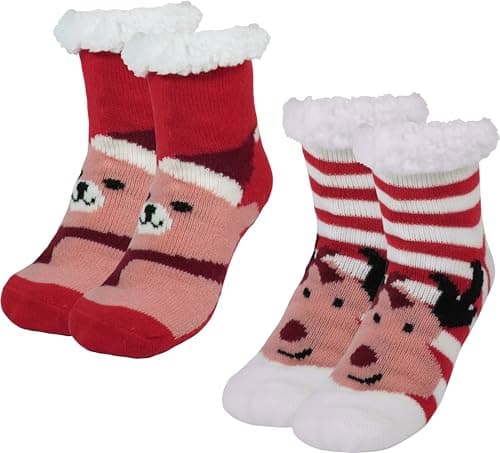 BenSorts Girls Boys Slipper Socks Warm Lining Soft Winter Thick Christmas House Socks for Kids Gifts Stripe Reindeer Red Bear 2 Pairs 8 9 10 11 12 Years - Image 1