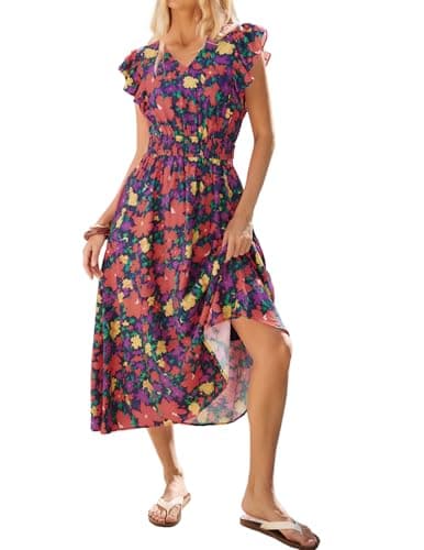Women's Beach Dress, Casual Floral Summer Maxi Dresses, Short Sleeve Long Flowy Bohemian Vacation Sundress(Navy Blue,M)