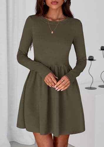 PRETTYGARDEN Women's Long Sleeve Mini Dresses 2026 Spring Casual Pleated A Line Party Cocktail Short Babydoll Dress with Pocket (Army Green,L) - Thumbnail 5