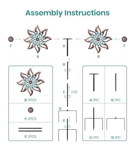 VUFOZ 360° Garden Wind Spinner for Outdoor Yard Art – W13xH64 Kinetic Windmill for Garden, Lawn, and Patio – Dahlia-Inspired Copper and Teal Wind Spinners Outdoor Decorative Yard Art - Thumbnail 6