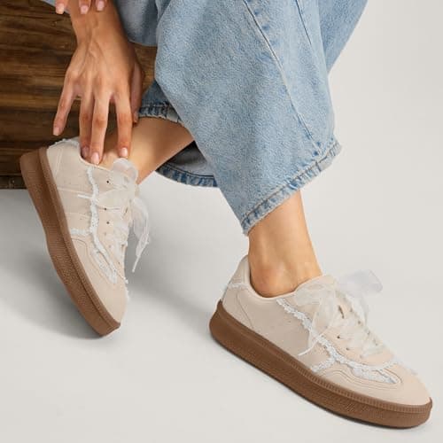 Vilanva Women's Lace Detail Fashion Sneakers Comfortable Casual Dress Sneakers with Retro Gum Sole Walking Trendy Footwear - Thumbnail 2