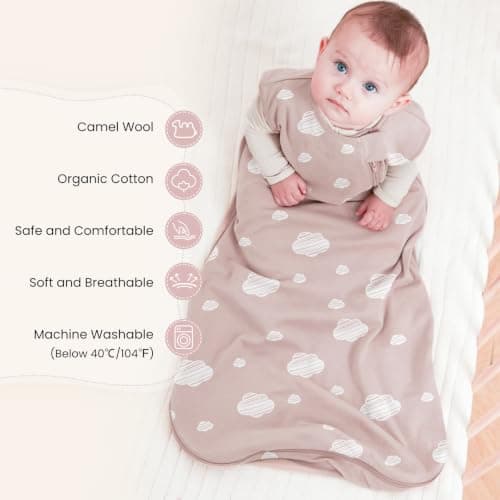 kaiya baby Baby Sleep Sack 18-36 Months 1.0 Tog Sleeveless Sleep Sack Organic Cotton, Regulating Camel Wool Blend Wearable Blanket for Infants 2-Way Zipper Quilted Sleeping Sacks,Gifts for Baby - Thumbnail 2