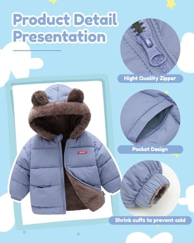 JiAmy Baby Winter Fleece Coat Kids Boys Jacket Outwear Girls Padded Clothes Blue 5-6 Years - Thumbnail 5