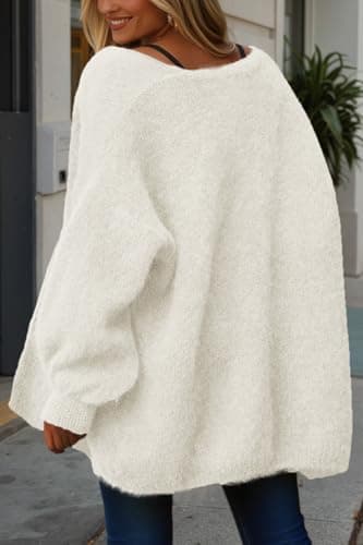 dowerme Women Open Front Cardigans Trendy Fall Long Sleeve Drop Shoulder Soft Knit Slouchy Sweater Spring Outerwear 2026(White,XX-Large) - Thumbnail 4