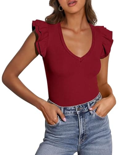 PRETTYGARDEN Womens V Neck Summer Tops Ruffle Sleeveless Slim Fit T Shirts Going Out Casual Blouses 2026 (Wine Red,Large) - Image 1