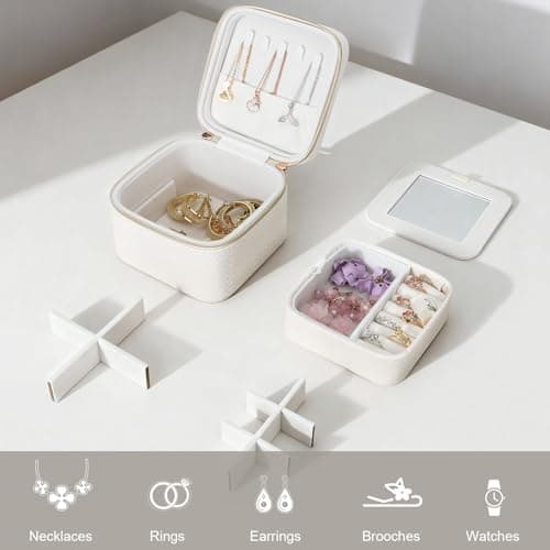 DesignSter Travel Jewelry Case for Woman, Small Travel Jewelry Box with Mirror,4.72×4.72×3.54 inches,Portable Design Travel Jewelry Organizer,Double Headed Zipper - Thumbnail 2