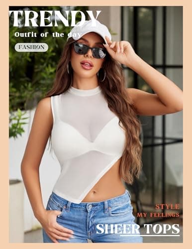 Avidlove Women Camisole Tops Sheer Mock Neck Tank See Through Summer Mesh Shirts Asymmetrical Top Clubwear White XX-Large - Thumbnail 4