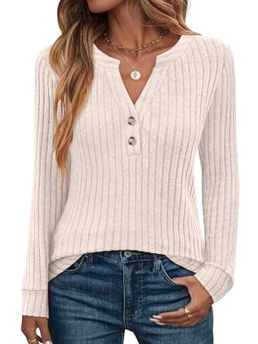 ANRABESS Womens Henley Shirts Long Sleeve Tunic Tops 2025 Fall Fashion Outfits Ribbed Knit Sweaters Ladies Casual Clothes Light Khaki - Image 1
