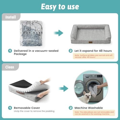 COZY KISS Cooling Dog Bed, Orthopedic Foam Dog Bed with Sides, Removable Cover & Waterproof Lining and Nonskid Bottom, Comfortable Pet Beds for Extra Large Dogs, Grey (48" L x 32" W x 7.5" Th) - Thumbnail 6