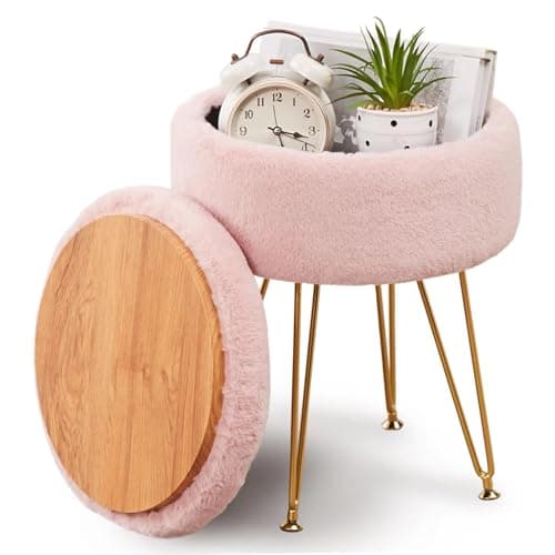 Cplxroc Ottomans Round Faux Fur Ottoman with Storage Footstools Vanity Chair Coffee Table Ottoman for Living Room (Pink) - Image 1
