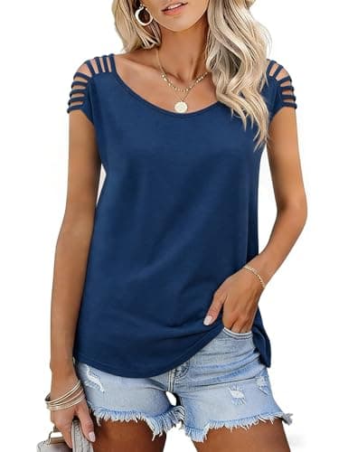 JUSTFASHIONNOW Womens Off The Shoulder Shirts Cap Sleeve Tops Cute Summer Blouses Trendy Casual Loose Fit T Shirt Going Out Tops (Navy Blue,Small) - Thumbnail 3