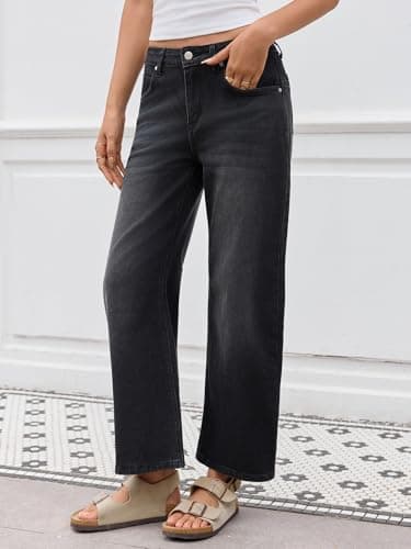 PEIHOT Mid Rised Barrel Jeans for Women Trendy Boyfriend Stretch Wide Leg Cropped Denim Pants with Pockets Black - Thumbnail 2